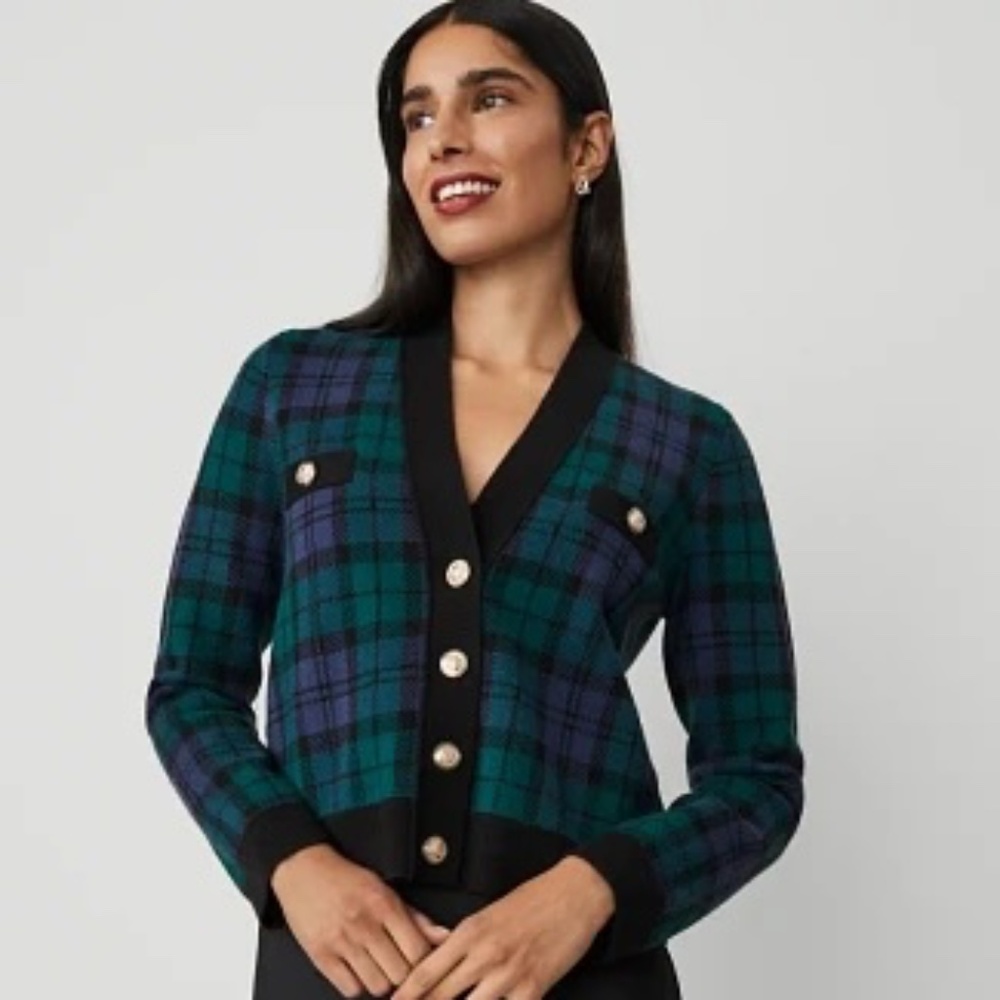 Ann Taylor Green, Blue, and Black Plaid Cardigan -- Sz L